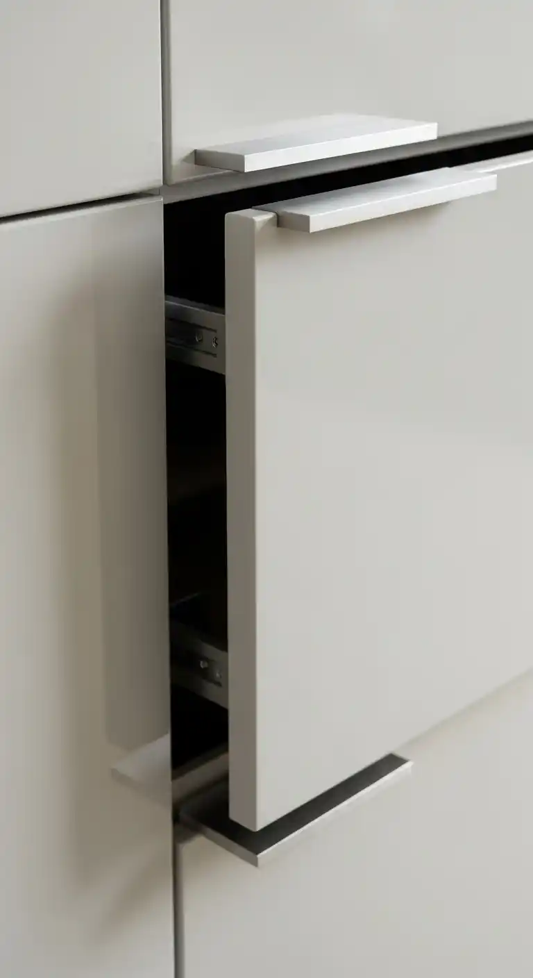 21. High-Gloss Lacquer Cabinets and Modern Hardware