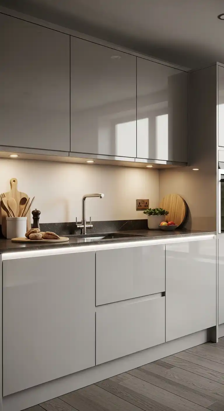 7. High-Gloss Lacquer Cabinets with Integrated Lighting
