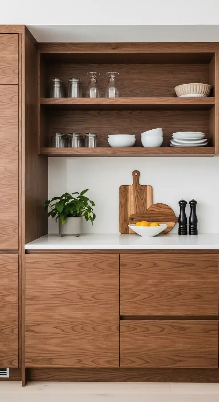 8. Walnut Kitchen Cabinets with Open Shelving Accents