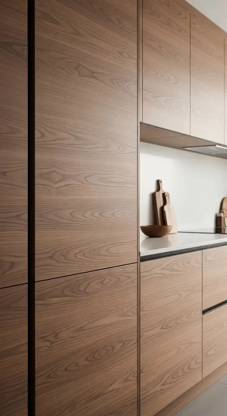 9. Handleless Walnut Kitchen Cabinets for Sleek Spaces