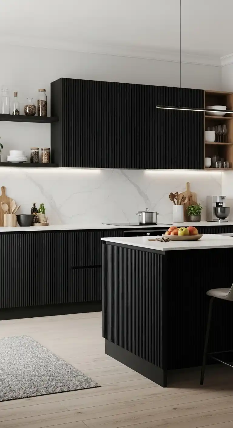 Inspiring Kitchen Layouts with Black Fluted Cabinets