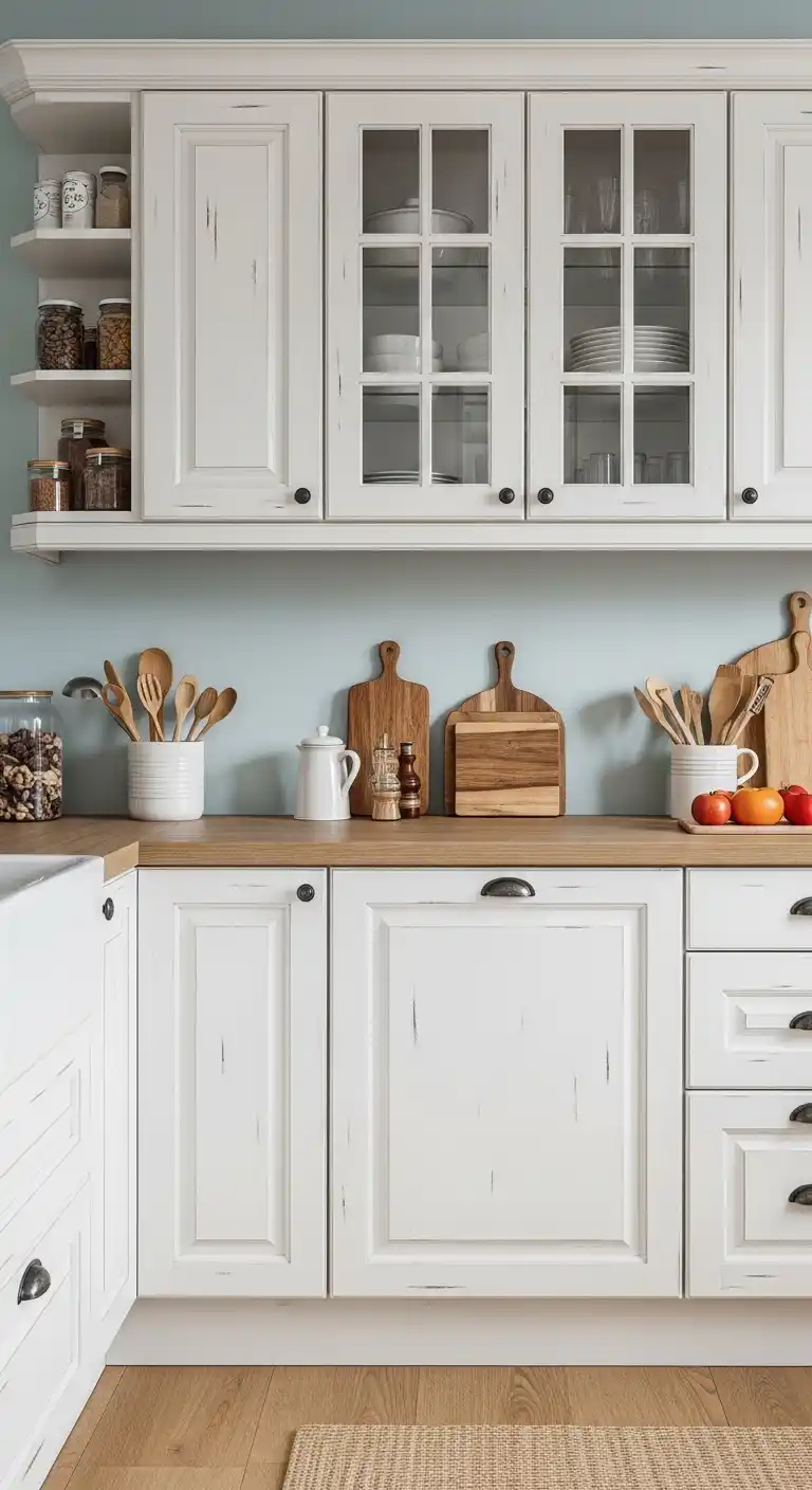 1. Distressed White Cabinets for a Classic Touch