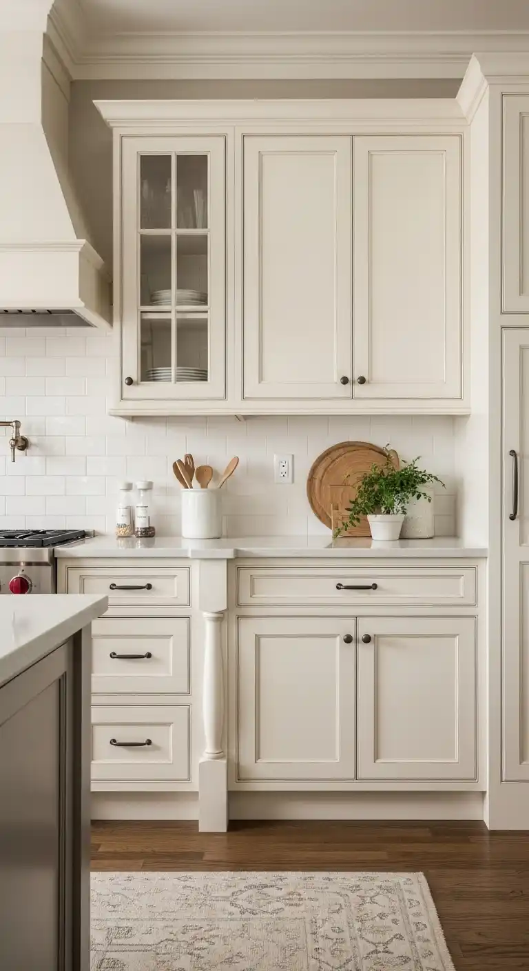 1. Soft Cream Painted Cabinets with Subtle Distressing