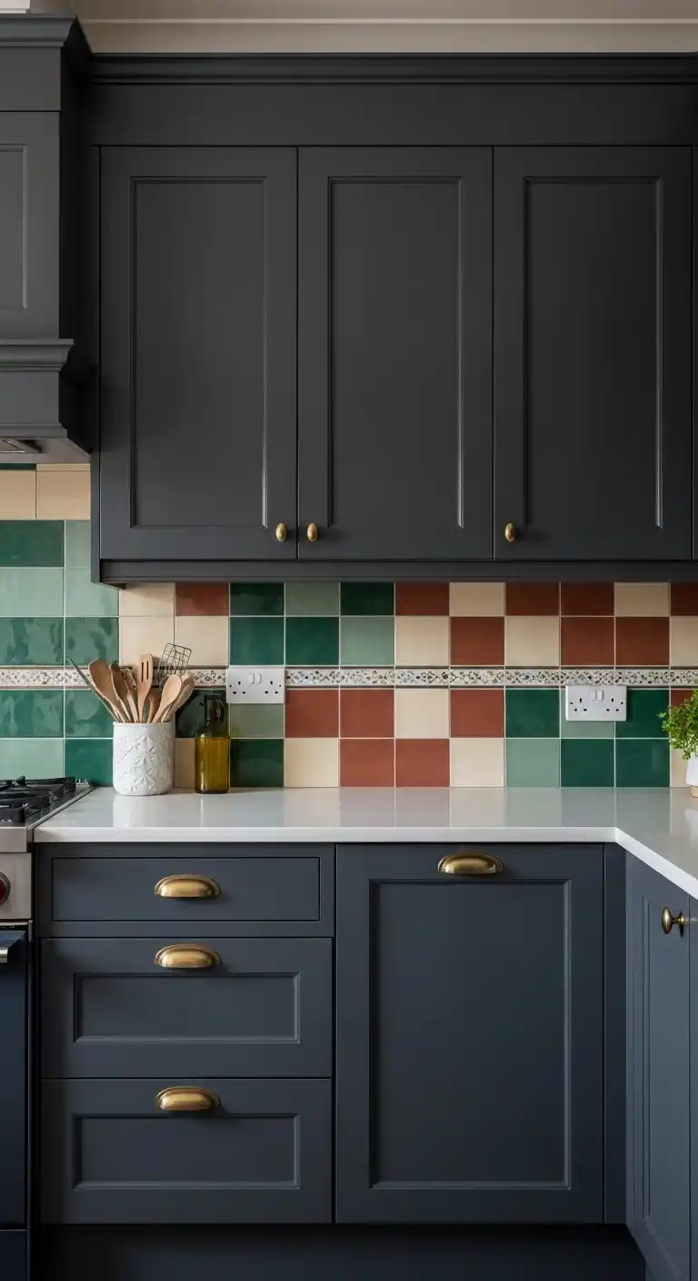 10. Combining Moody Cabinets with Colorful Backsplashes