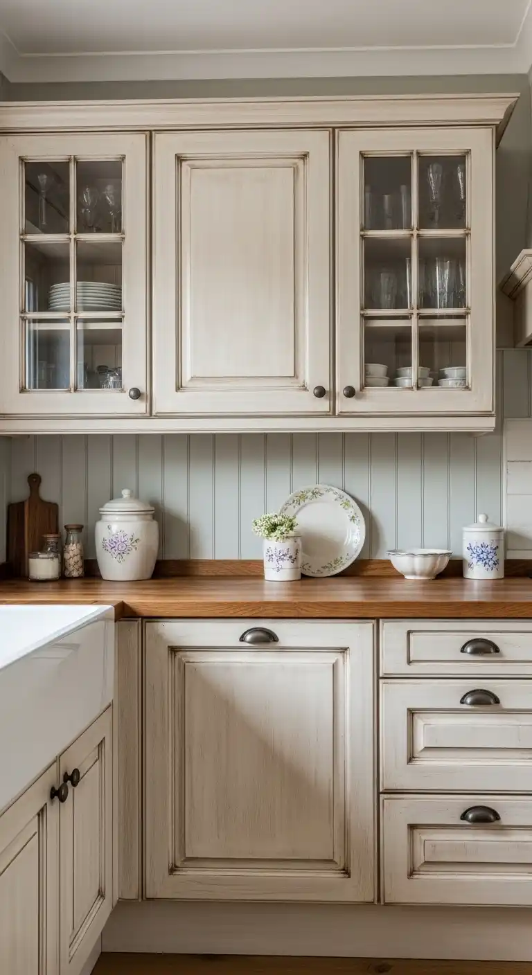 12. Antique-Inspired Cabinets with Distressed Finishes