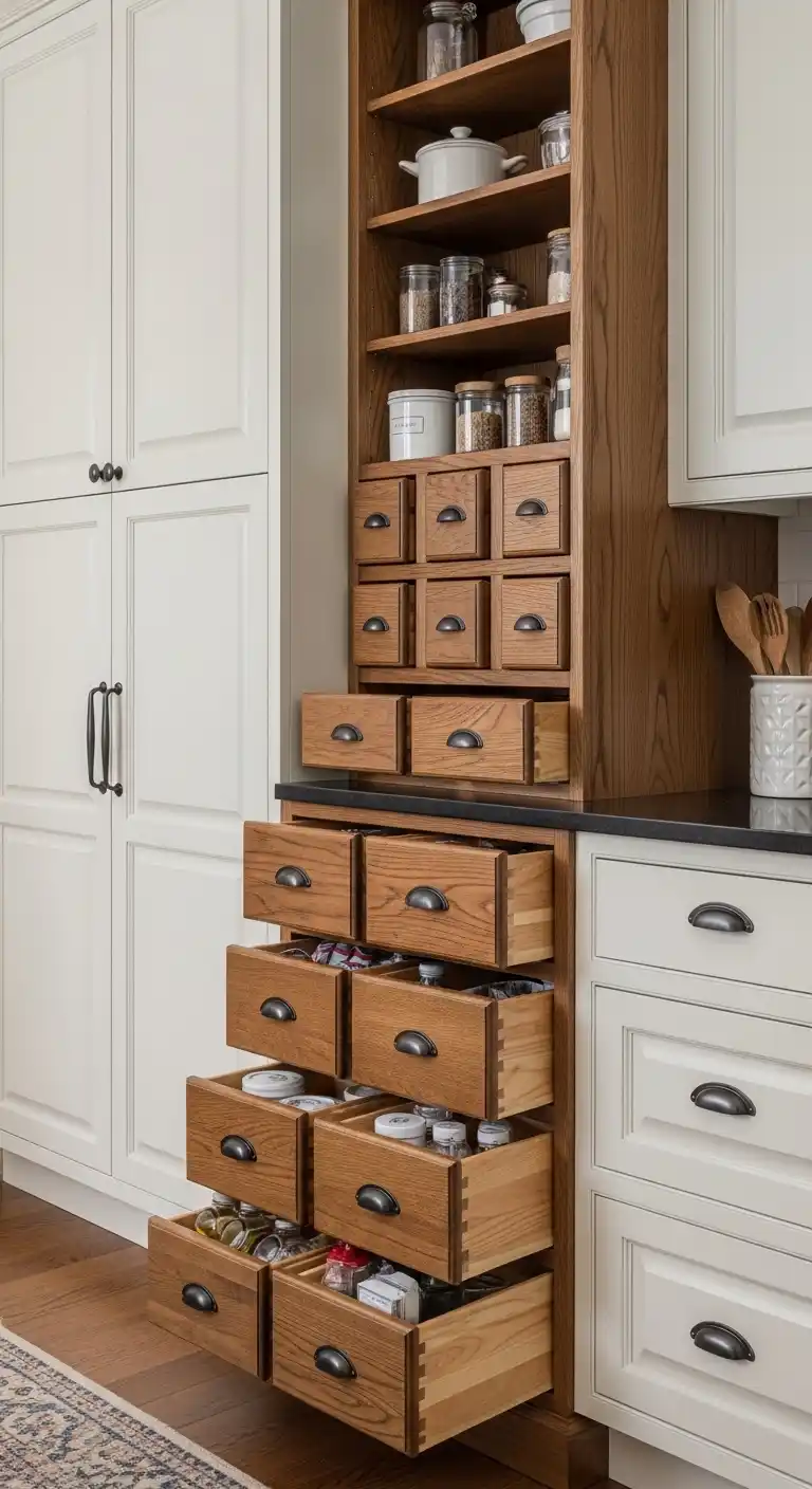 13. Apothecary-Style Colonial Cabinets Functional Divisions for Modern Kitchens