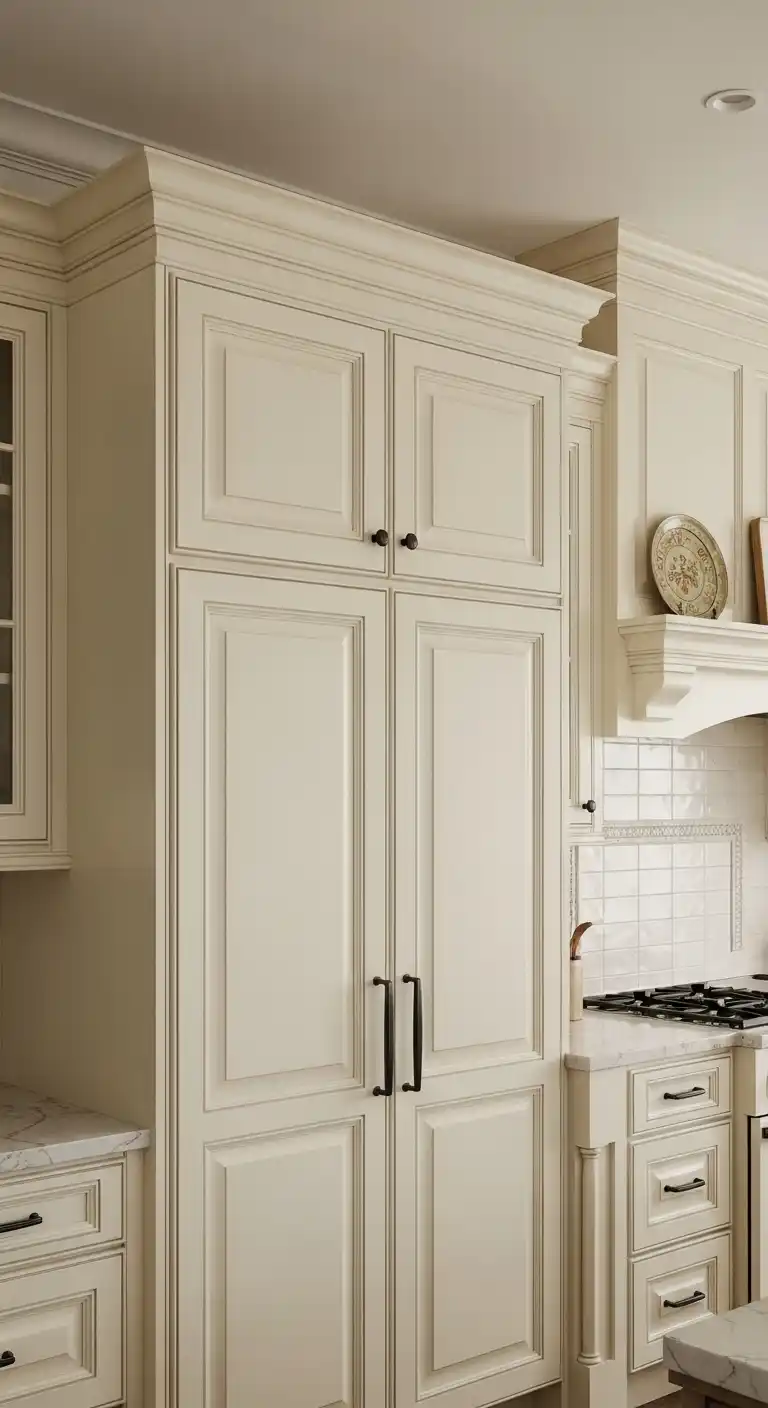 13. Cream Cabinets with Decorative Crown Molding