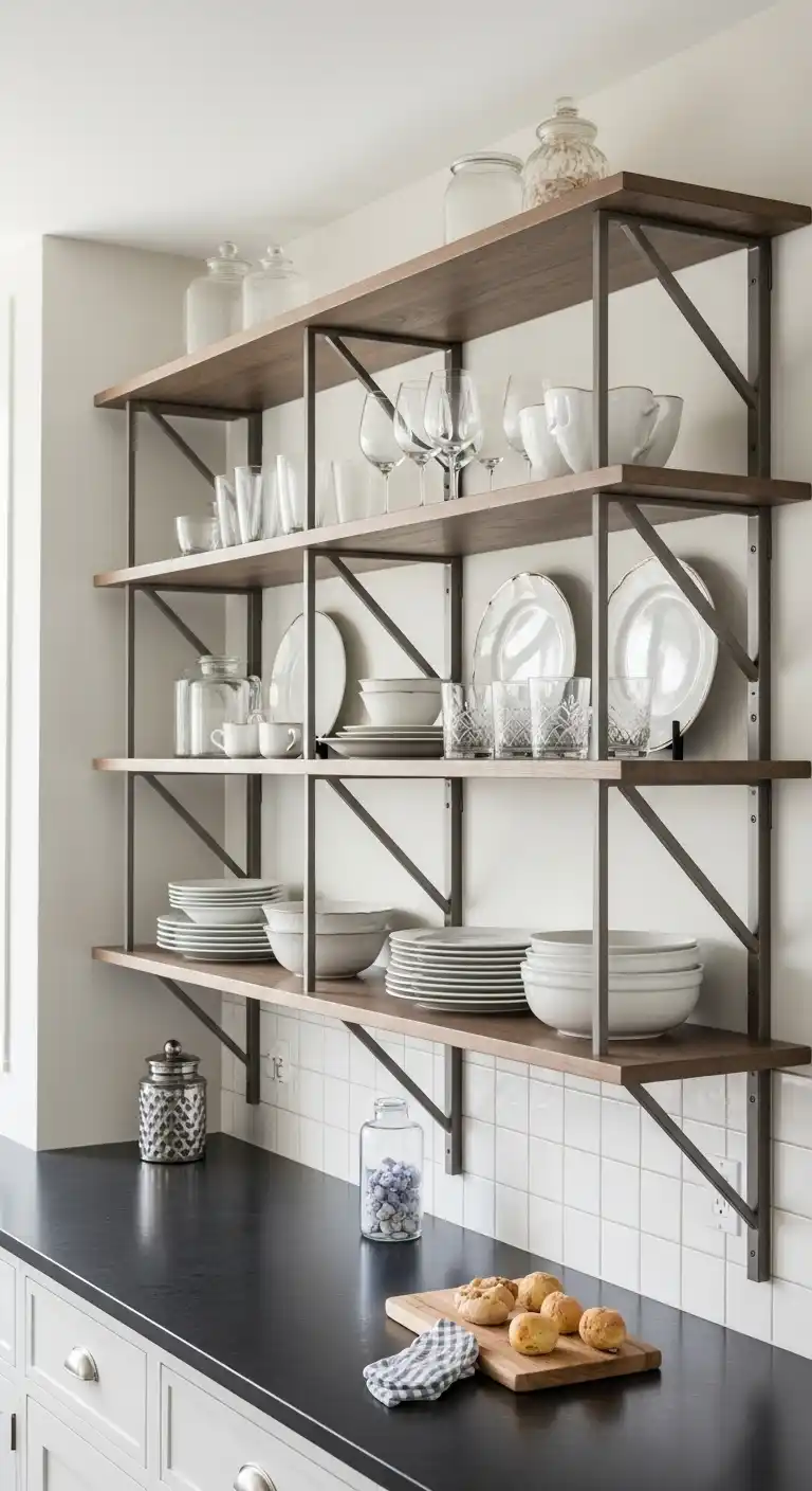 13. Open Shelving with Geometric Brackets