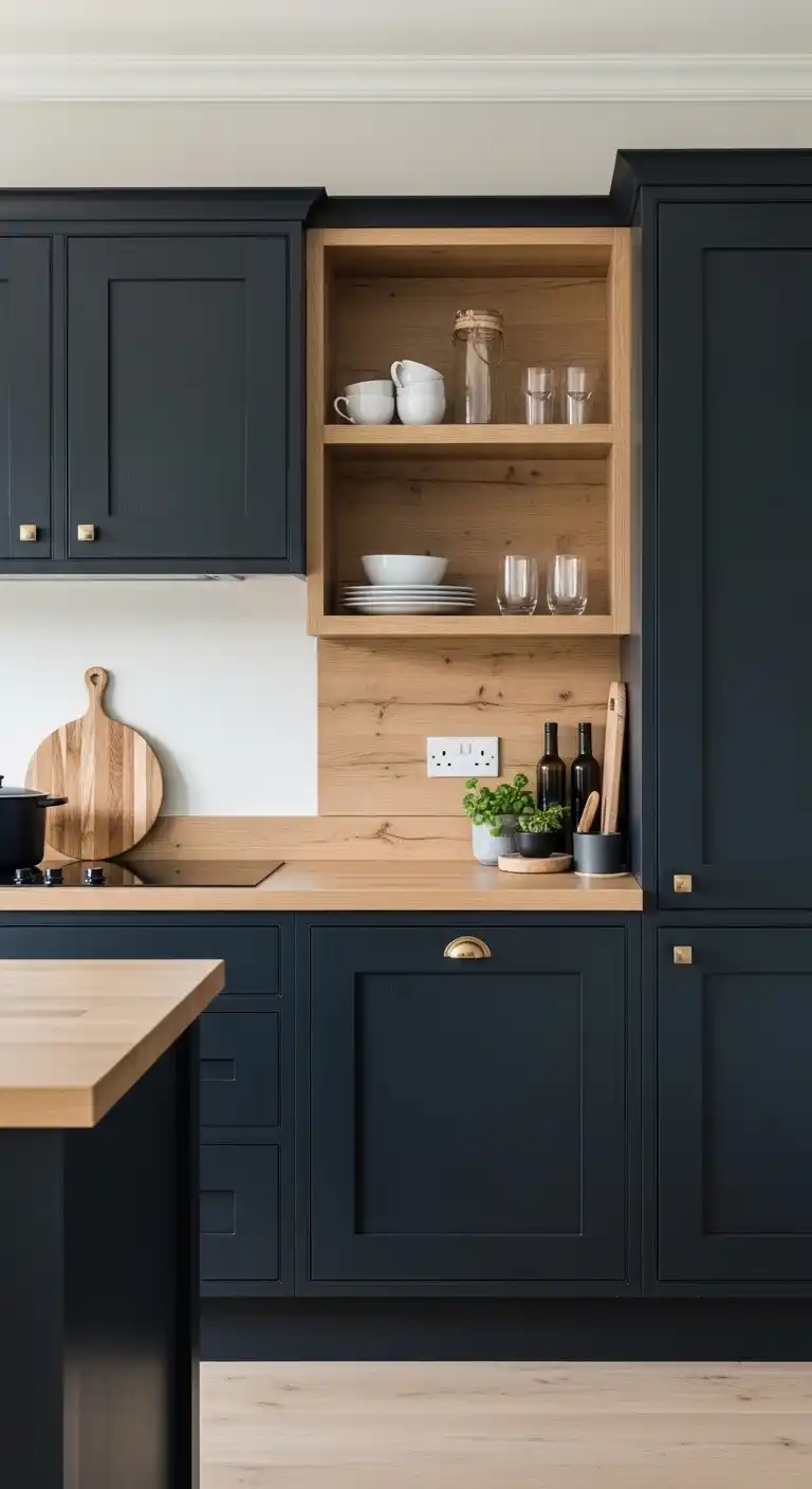 14. Moody Kitchen Cabinets with Light Wood Accents
