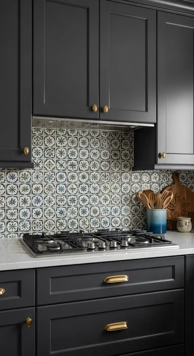 16. Moody Kitchen Cabinets with Bold Backsplash Patterns