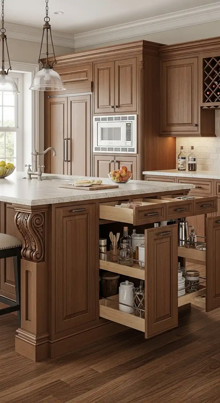 17. Island Cabinets With Colonial Detailing Central Function and Style