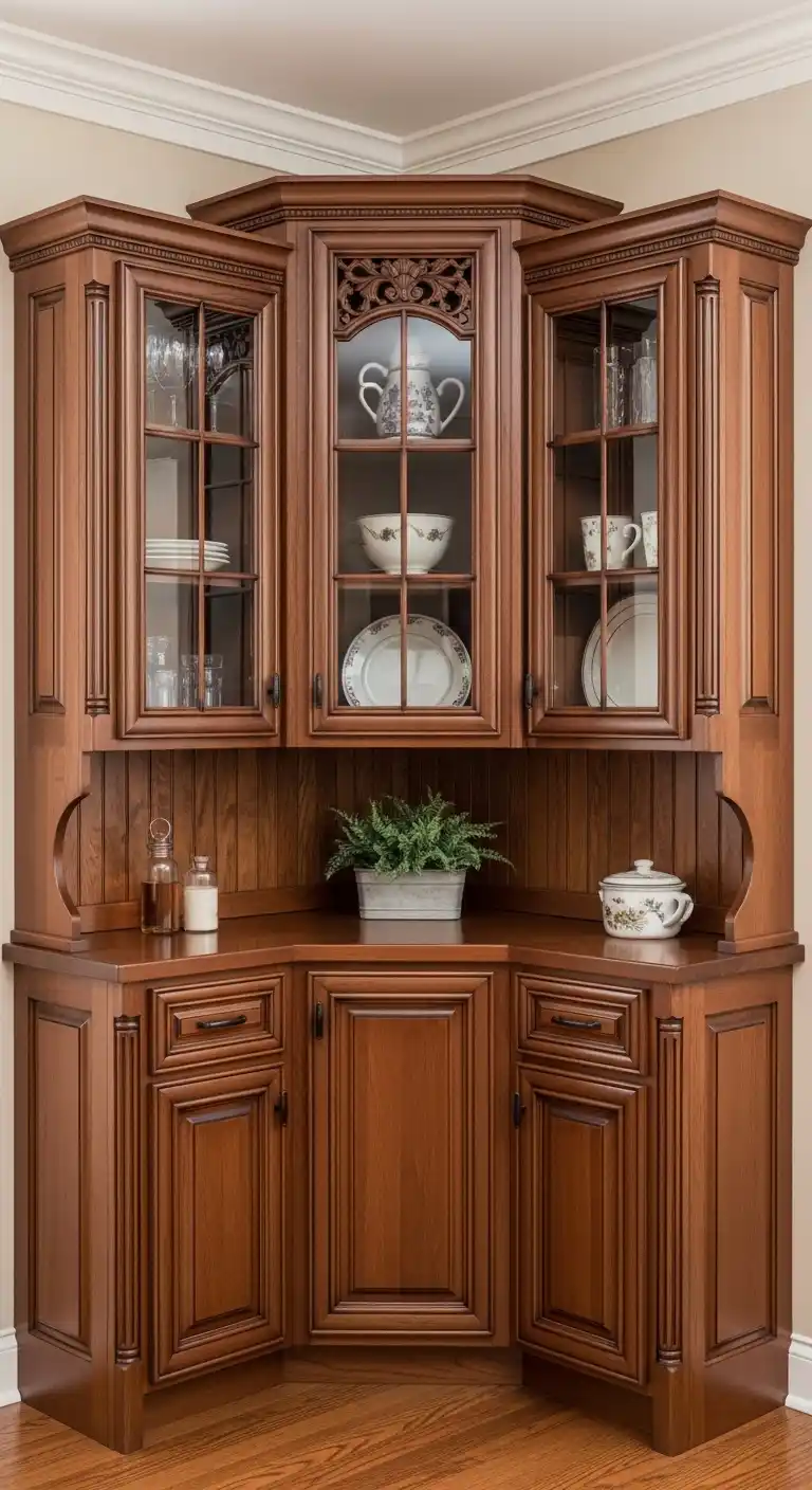 18. Corner Hutch-Style Cabinets Showcasing Heritage and Functionality