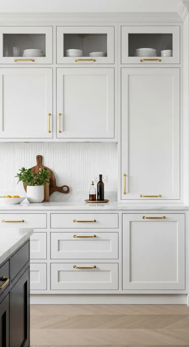 18. Glossy White Cabinets with Brass Handles