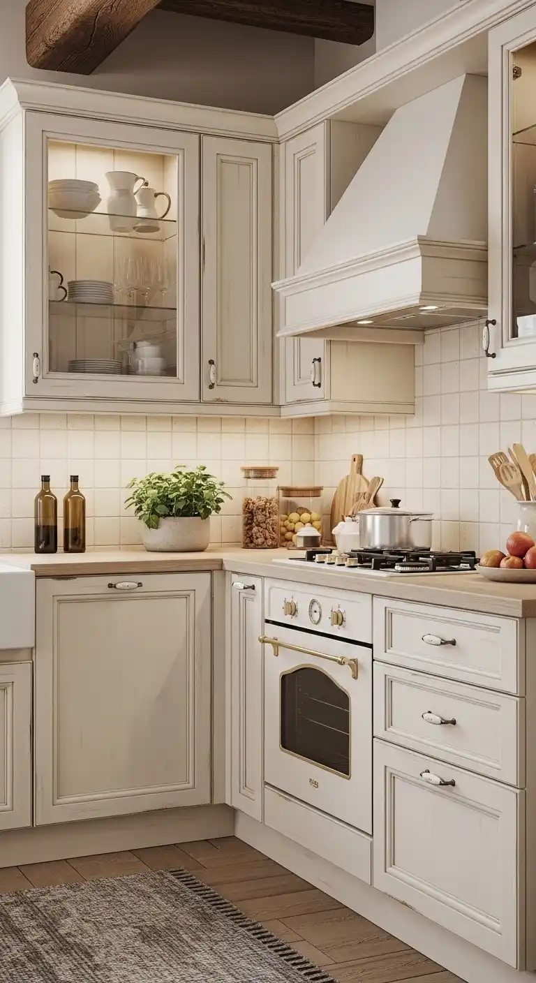 19. Creamy White Cabinets with Distressed Corners