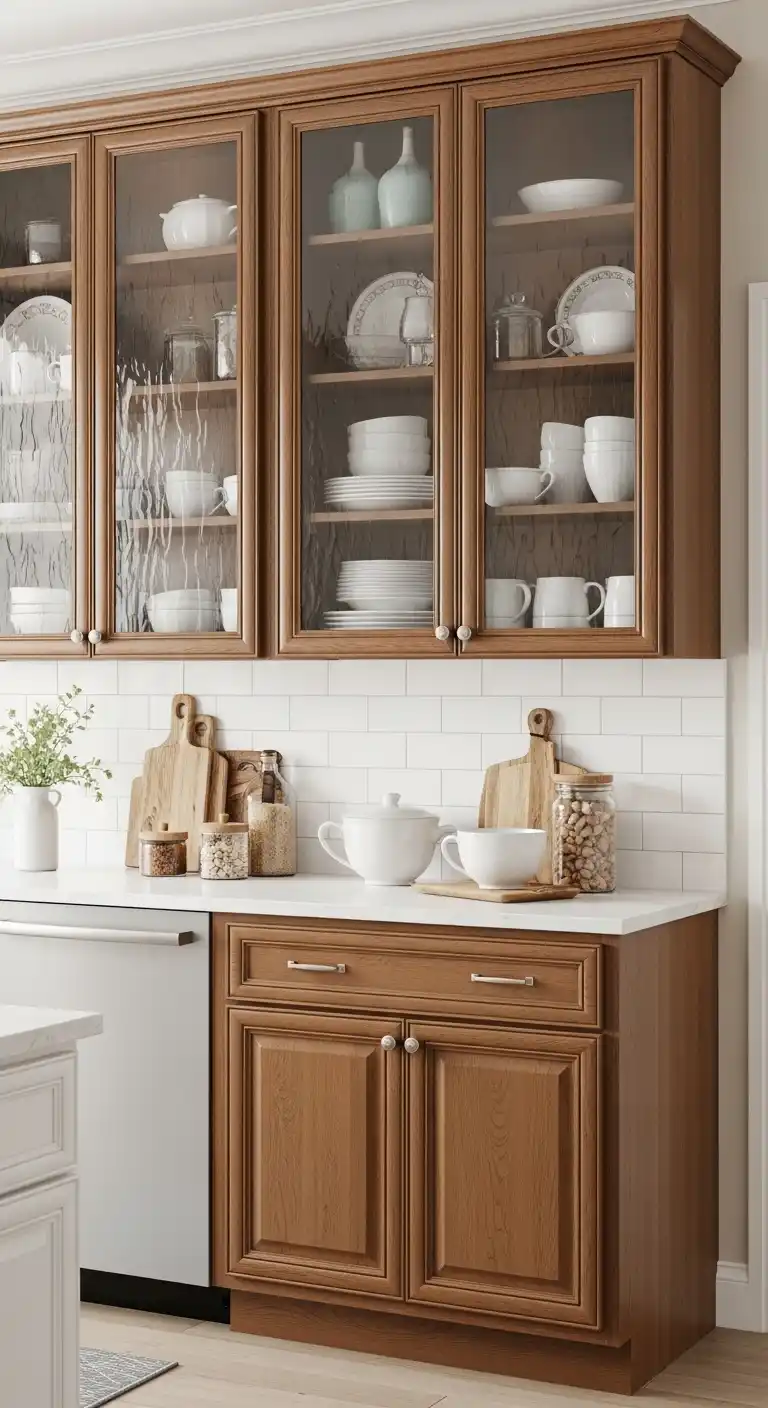 2. Glass-Front Colonial Cabinets Displaying Your Kitchenware With Elegance