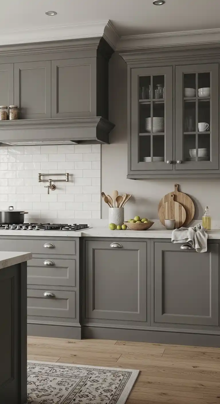 2. Muted Gray Cabinets with Traditional Paneling