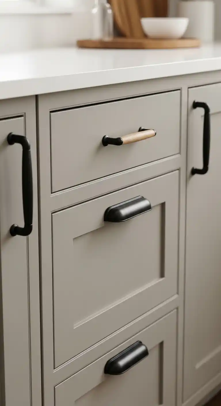 22. Japandi Cabinets with Contrasting Hardware