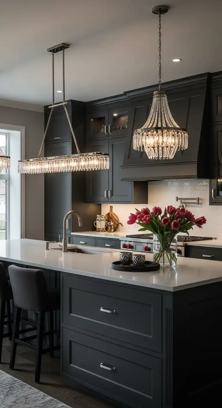 22. Moody Kitchen Cabinets with Statement Lighting
