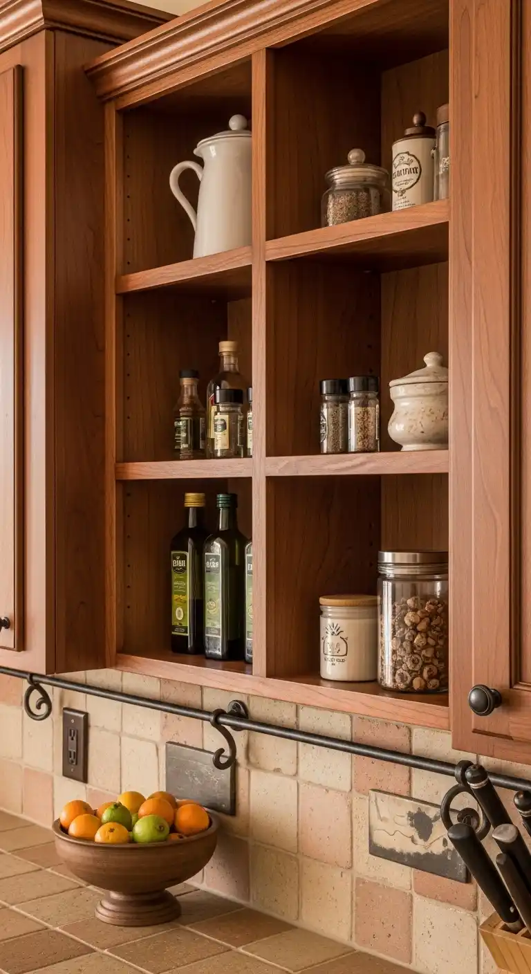 22. Rustic Cherry Cabinets with Open Storage for Essentials