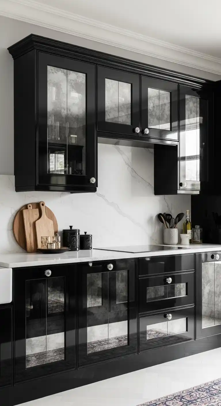23. Glossy Black Cabinets with Mirror Accents