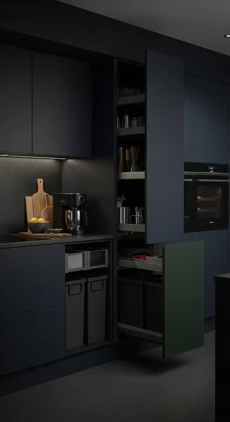 24. Moody Kitchen Cabinets with Integrated Storage Solutions