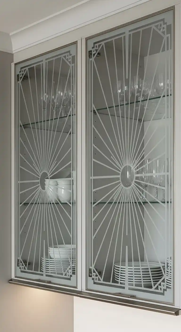 27. Glass Front Cabinets with Etched Patterns