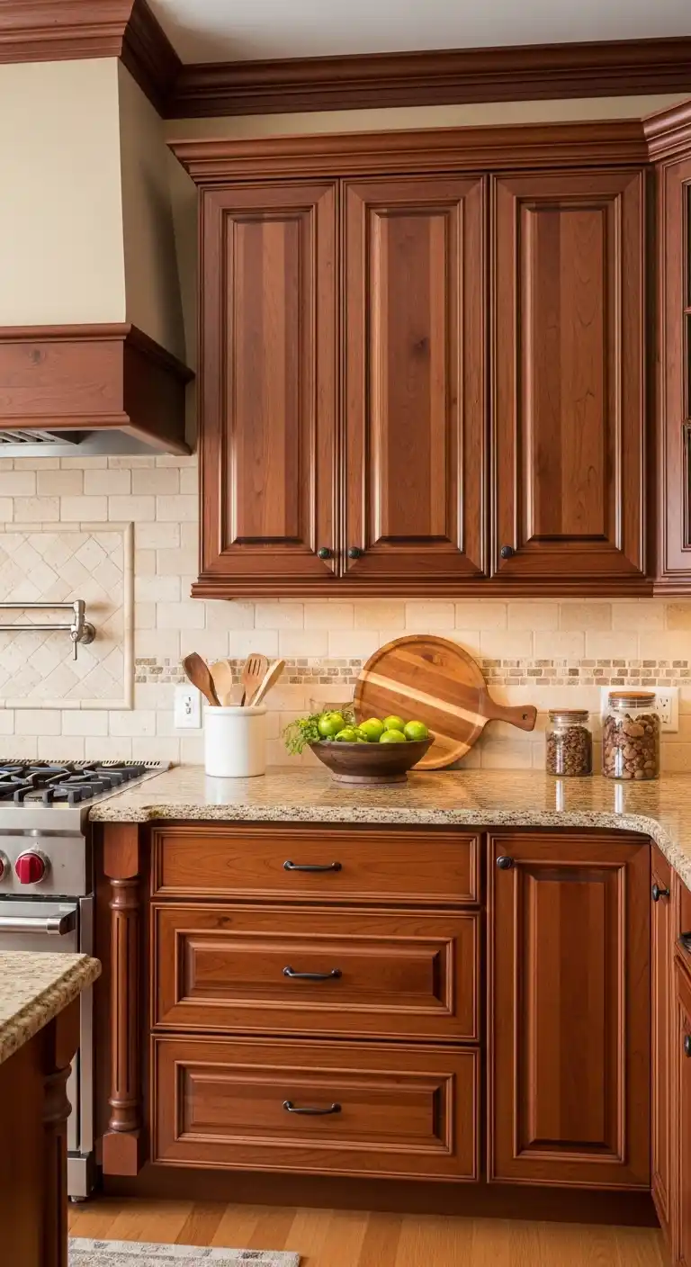 3. Cherry Wood Cabinets with Warm Glaze
