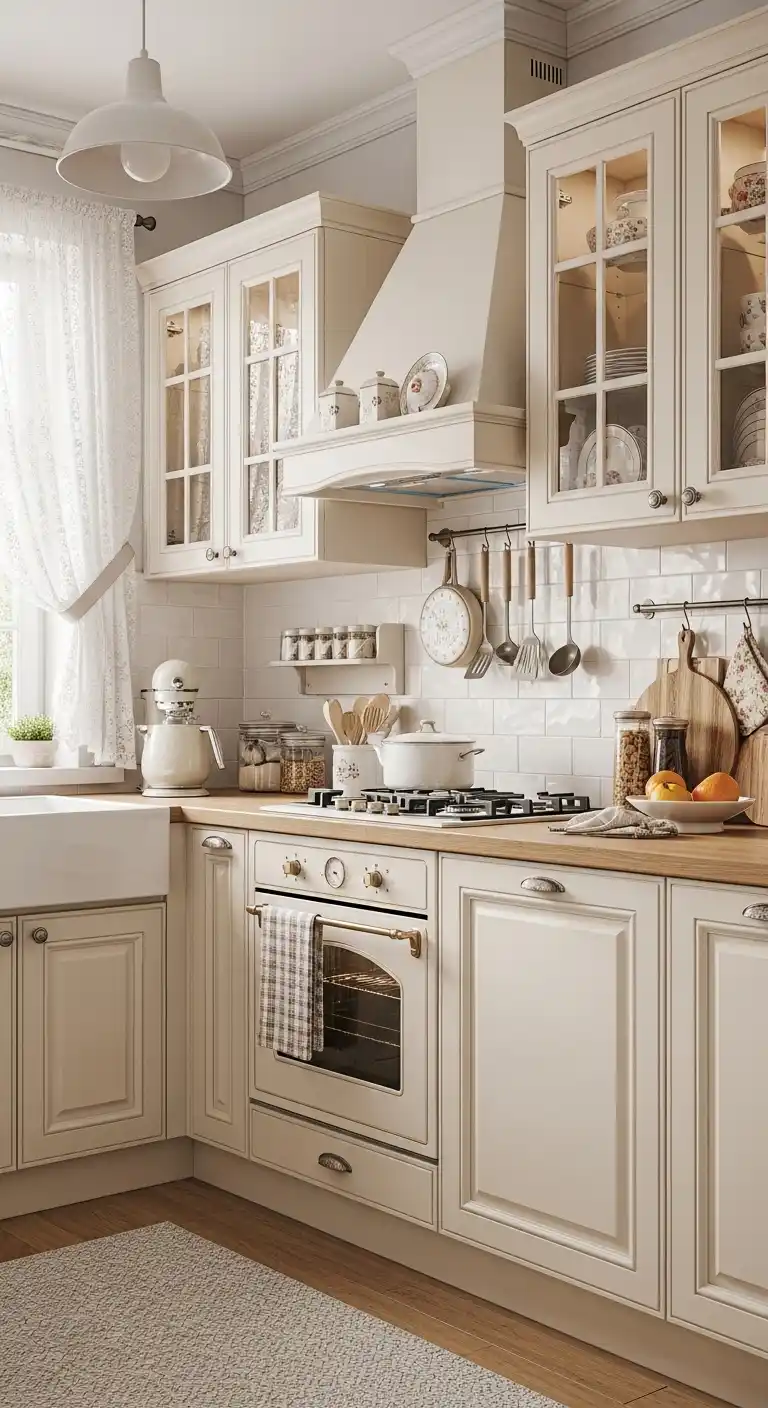 3. Creamy Pastel Cabinets for a Warm Vintage Appeal