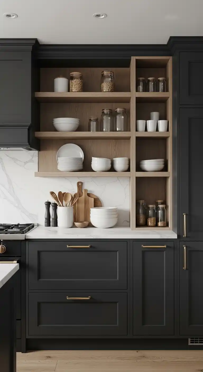 3. Moody Kitchen Cabinets with Open Shelving