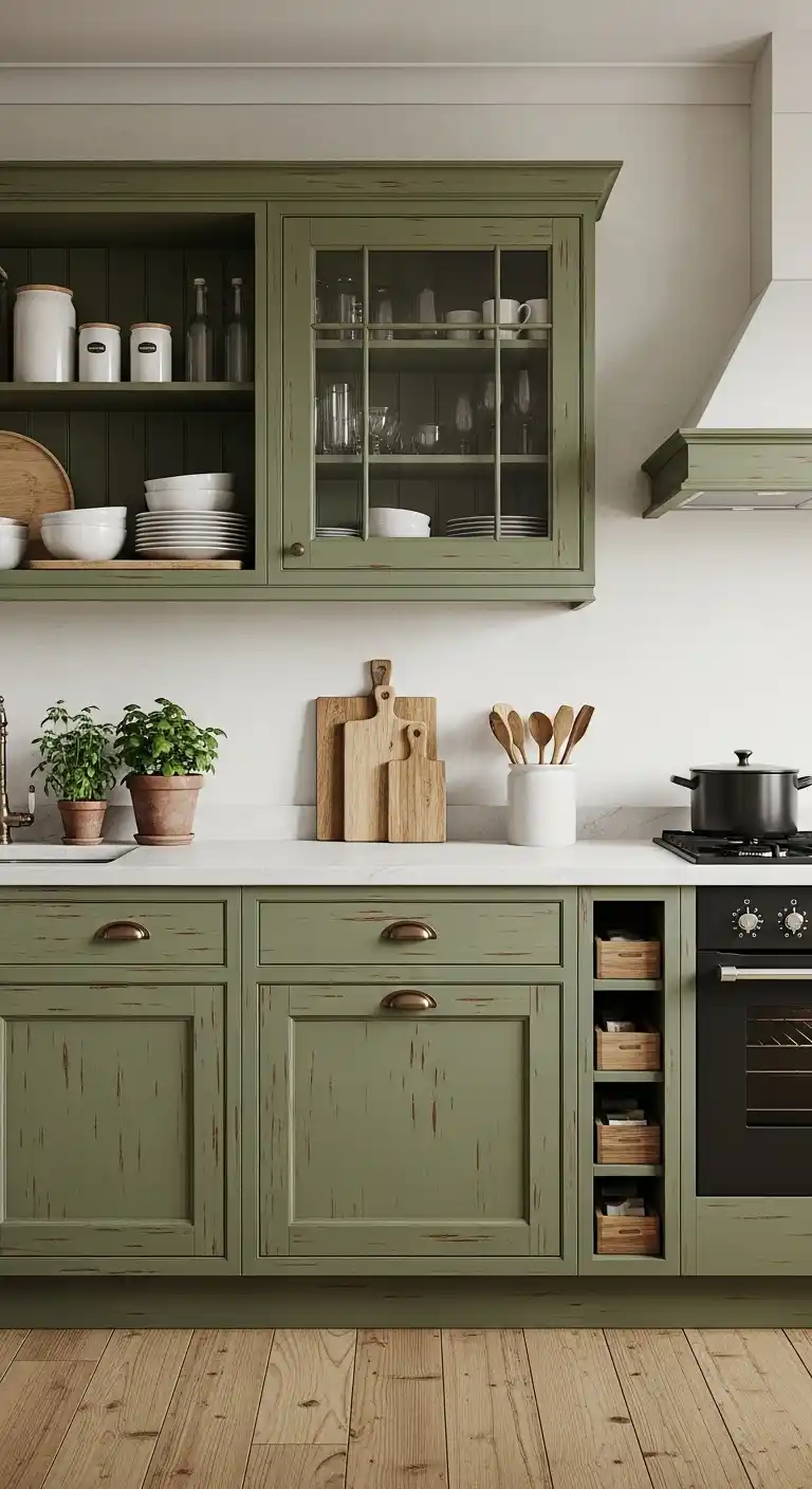 4. Distressed Green Cabinets for a Nature-Inspired Kitchen