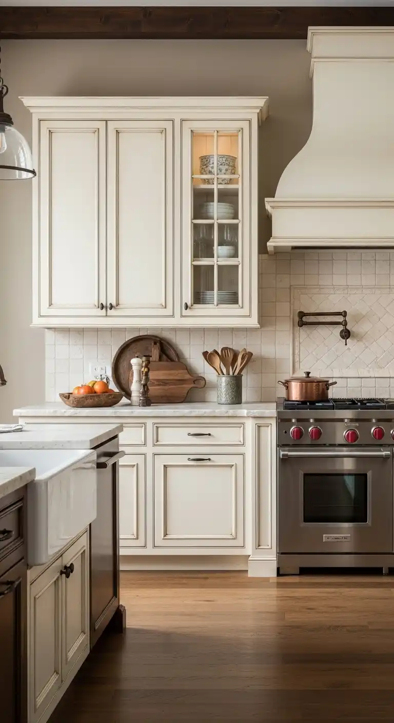 4. Painted Cream Cabinets with Antiqued Touch