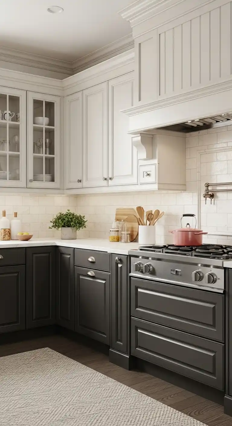 4. Two-Tone Cabinets with Soft Upper Shades