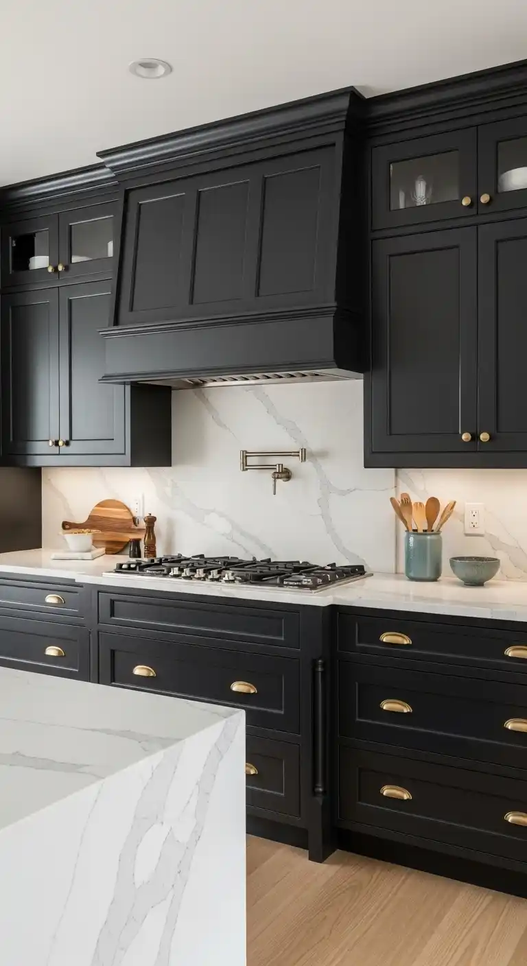 5. Moody Kitchen Cabinets with Contrasting Countertops