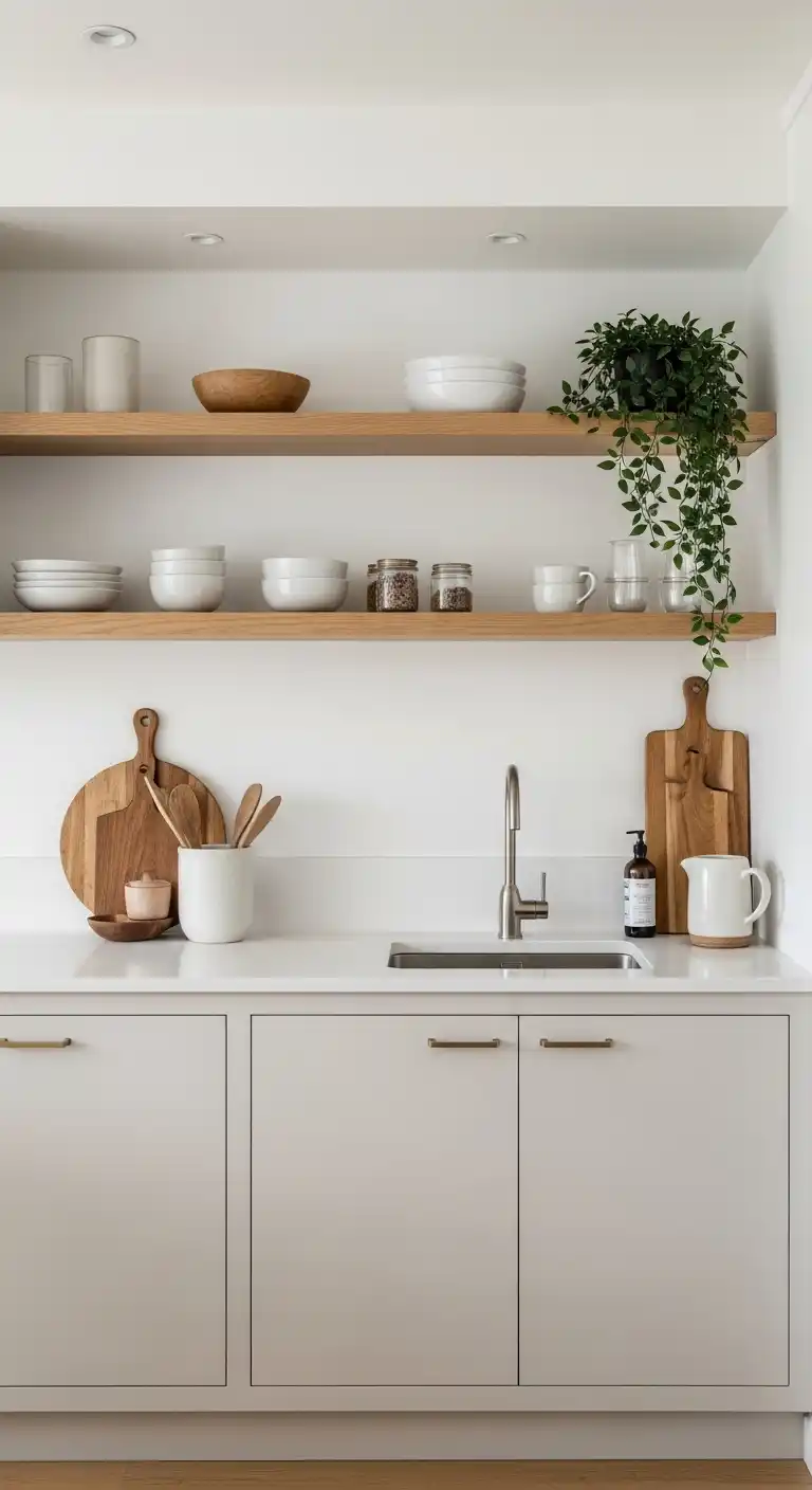 5. Open Shelving with Japandi Cabinetry