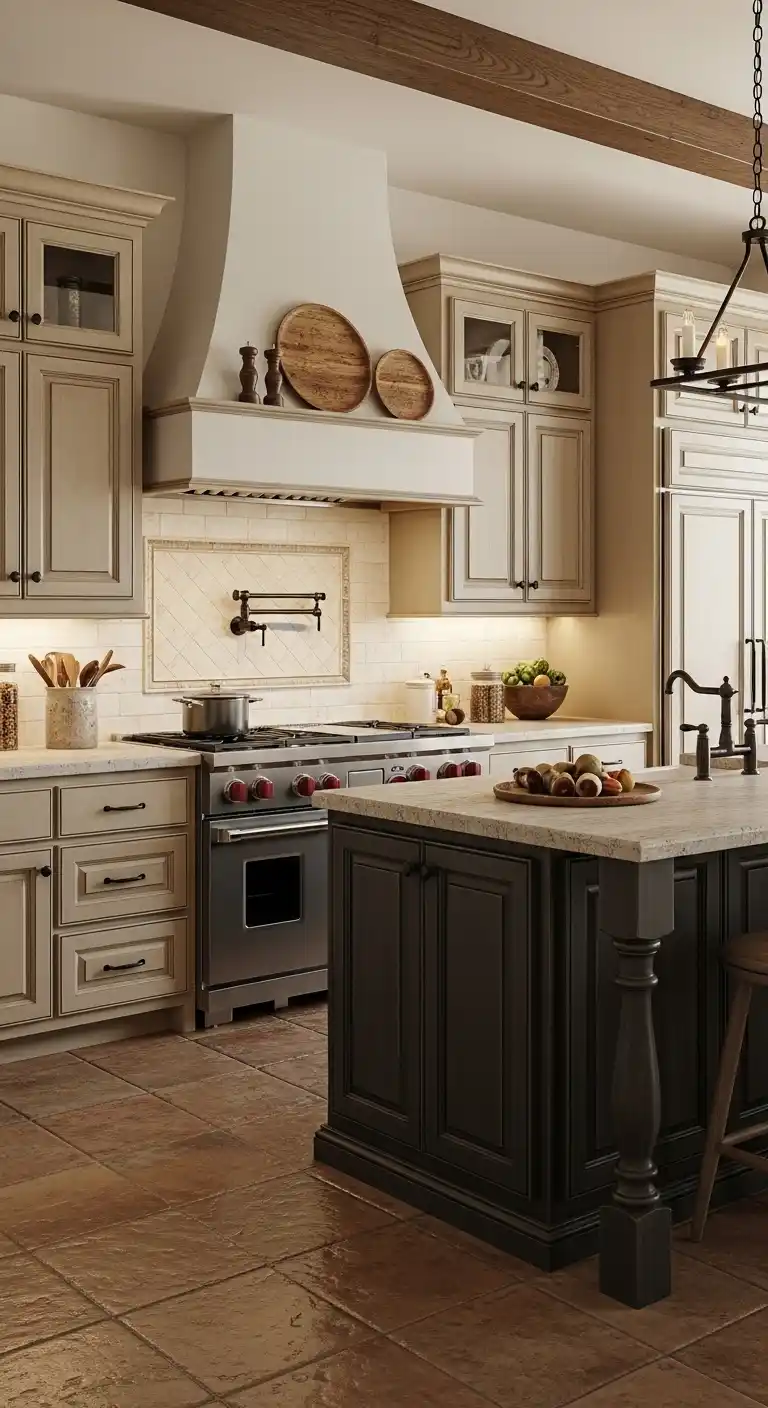 5. Two-Tone Tuscan Cabinets with Contrasting Island