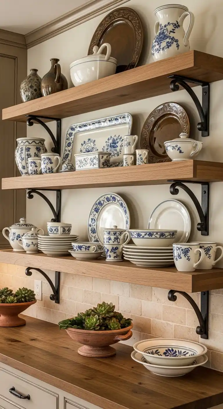 7. Open Shelving Tuscan Cabinets
