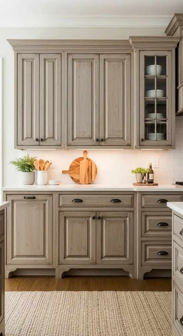 7. Weathered Finish Cabinets with Soft Patina