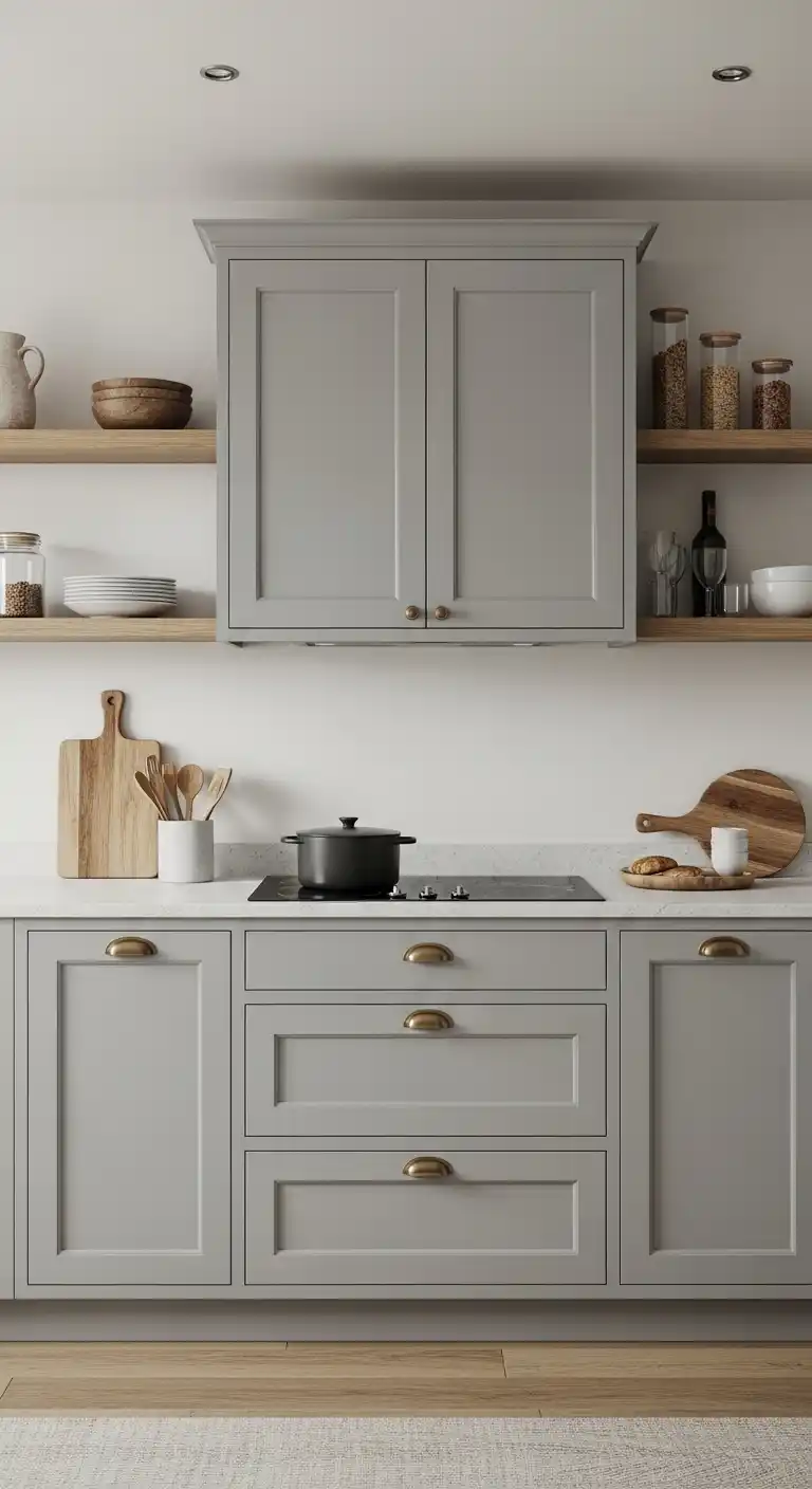 8. Soft Gray Cabinets with Natural Accents