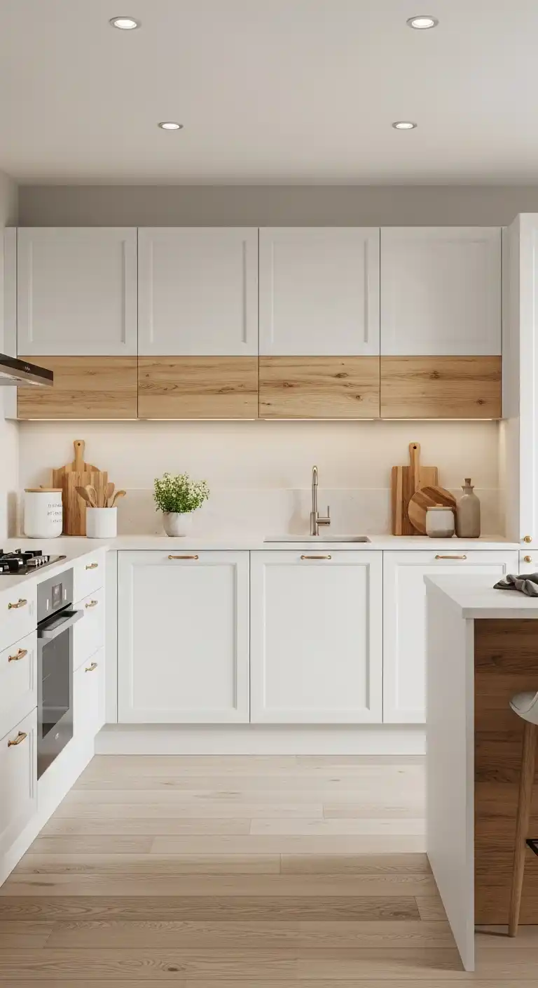 8. White Japandi Cabinets with Natural Wood Accents