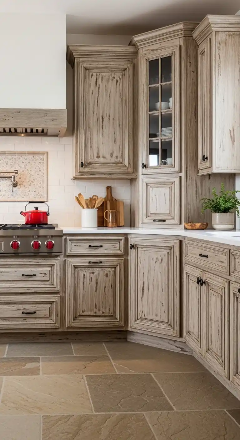 9. Distressed Cabinets for a Rustic Touch