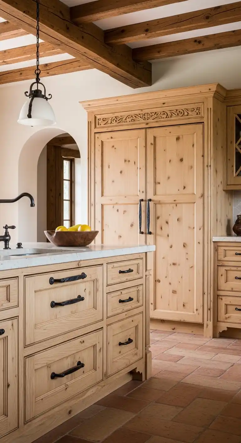 9. Rustic Pine Cabinets with Iron Handles