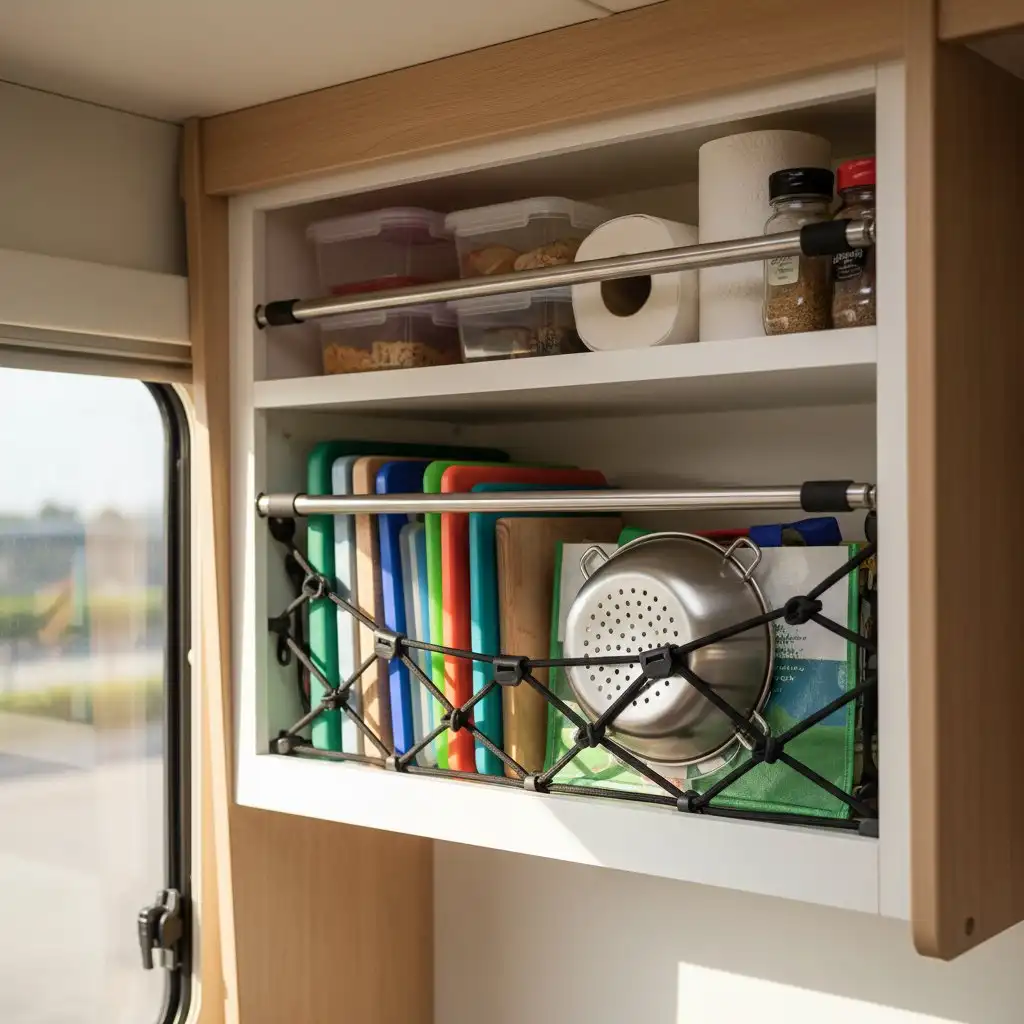 Cage Loose Items in Open Cabinets With Tension Rods and Netting