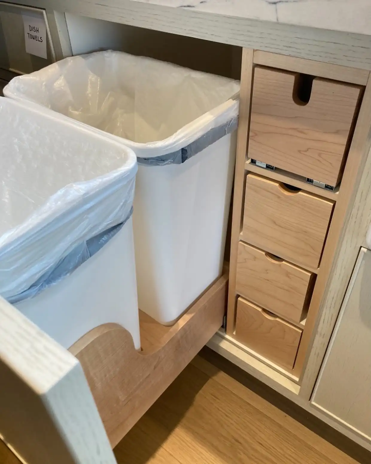 Fill the Sliver Beside the Trash Pull-Out With Tiny Stacked Drawers