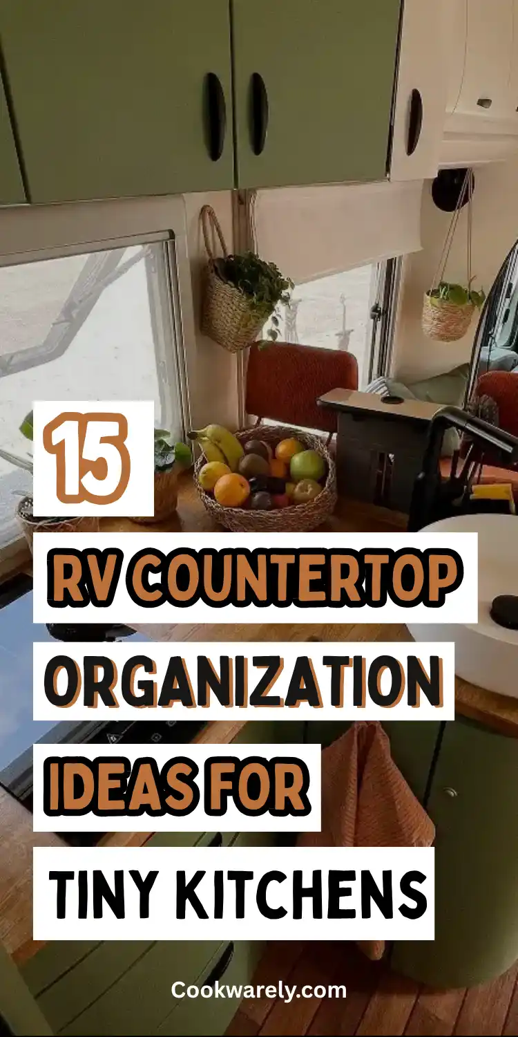 Inside an RV kitchen with sage green upper cabinets and black cutout handles, a woven produce basket holds bananas and oranges on a wood countertop next to a black faucet. Hanging woven planters sit in the window above, and an orange striped towel hangs from a lower cabinet. This small kitchen counter shows real camper van kitchen decor built for organized daily use on the road.
