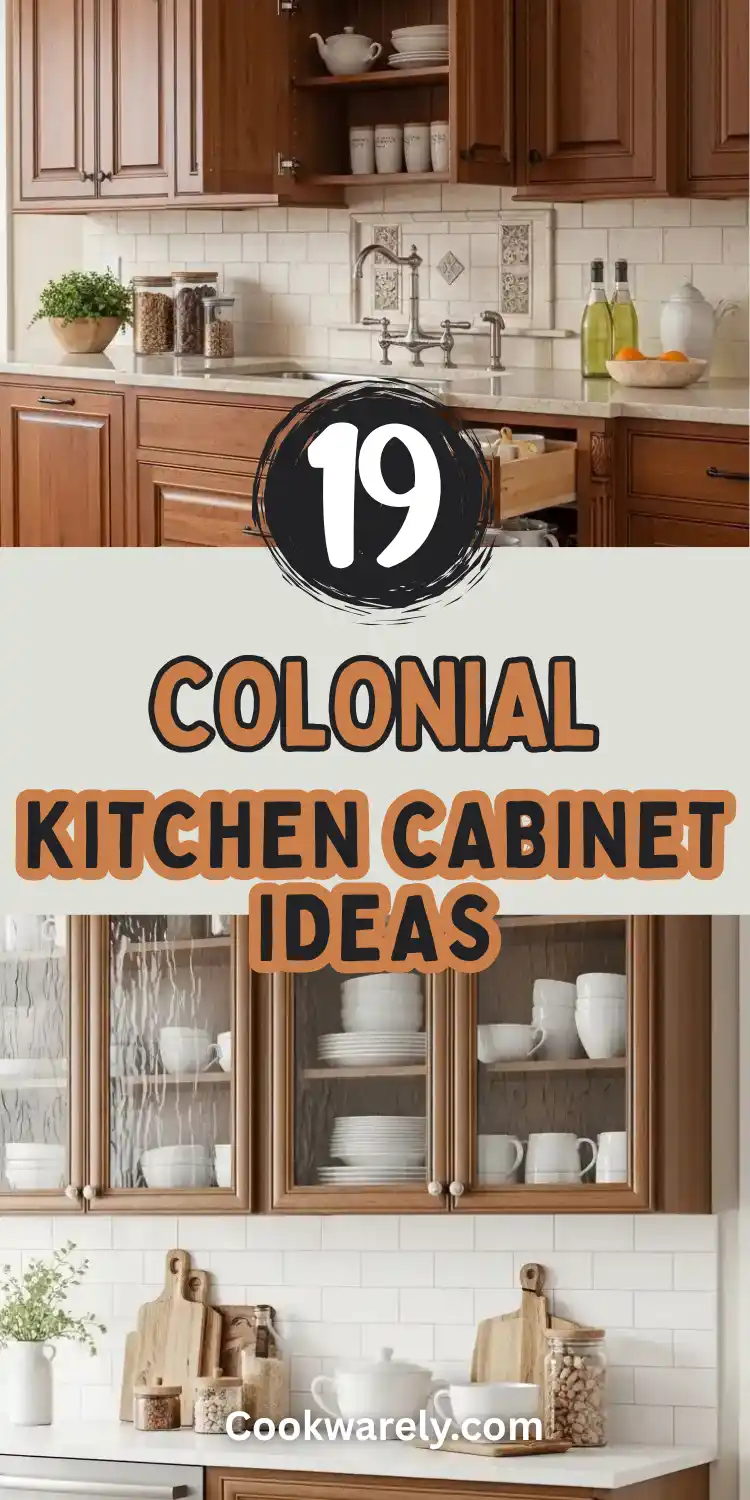 Two-part kitchen image featuring warm wood-tone colonial cabinets with raised panel doors, open shelving holding a teapot and stacked white bowls, a tiled backsplash with decorative inset, and a bridge faucet, plus a lower view of glass-front cabinets with textured panes displaying white dishware above a subway tile backsplash. Text overlay reads "19 Colonial Kitchen Cabinet Ideas" against a cream background, spotlighting traditional kitchen design and wood cabinetry.