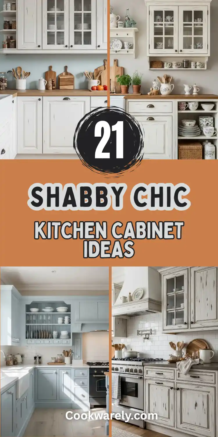 Four-panel kitchen collage showing shabby chic cabinet styles: distressed white glass-front cabinets with wood countertops and open shelving holding jars and cutting boards, soft blue lower cabinets with a plate rack and farmhouse sink, and cream distressed cabinets against a subway tile backsplash. Orange text overlay reads "21 Shabby Chic Kitchen Cabinet Ideas," highlighting vintage hardware, pastel tones, and farmhouse kitchen decor throughout.